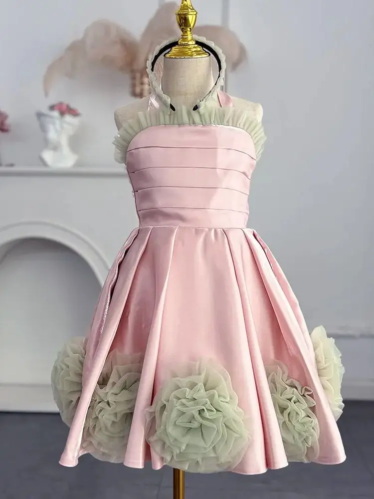 Vestido acampanado de flores para niña, traje de boda con cuello Halter, escalonado, para fiesta de cumpleaños y sesión de fotos