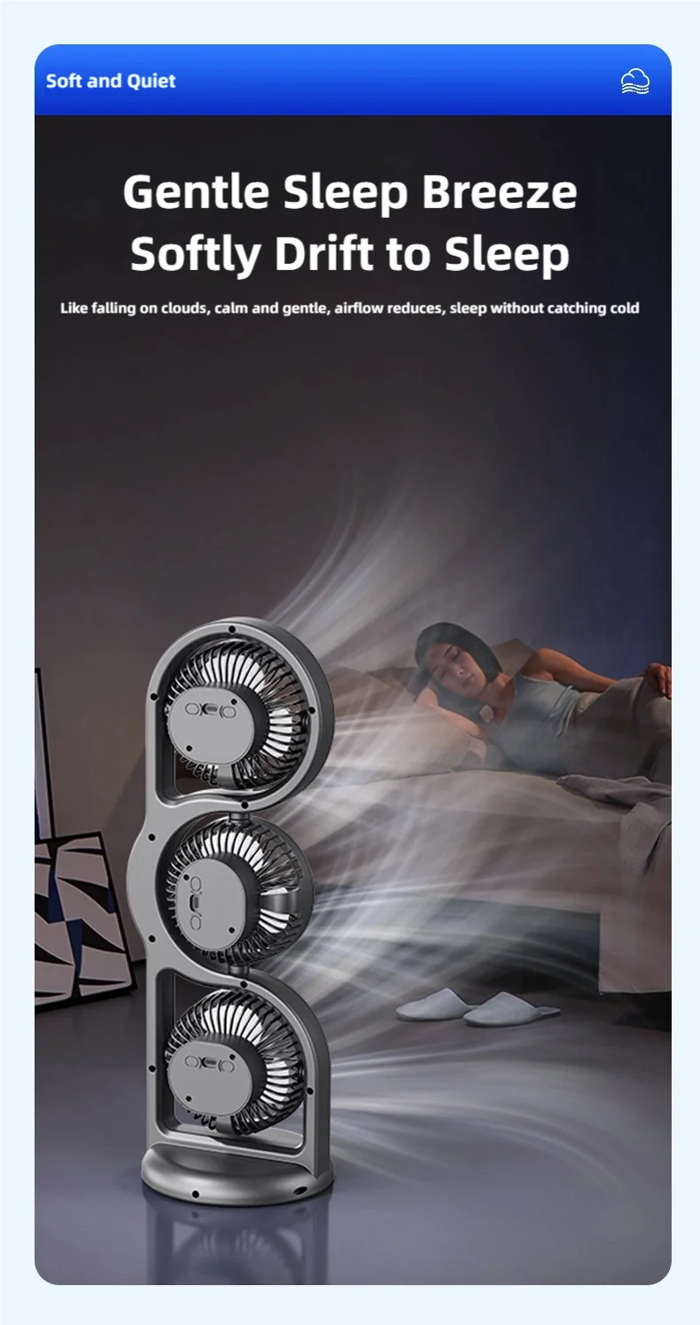 TINSOL 2026 New Portable USB Rechargeable Three-Head Fan – 360° Circulation, 5-Speed Wind, Dormitory and Outdoor Desktop Fan
