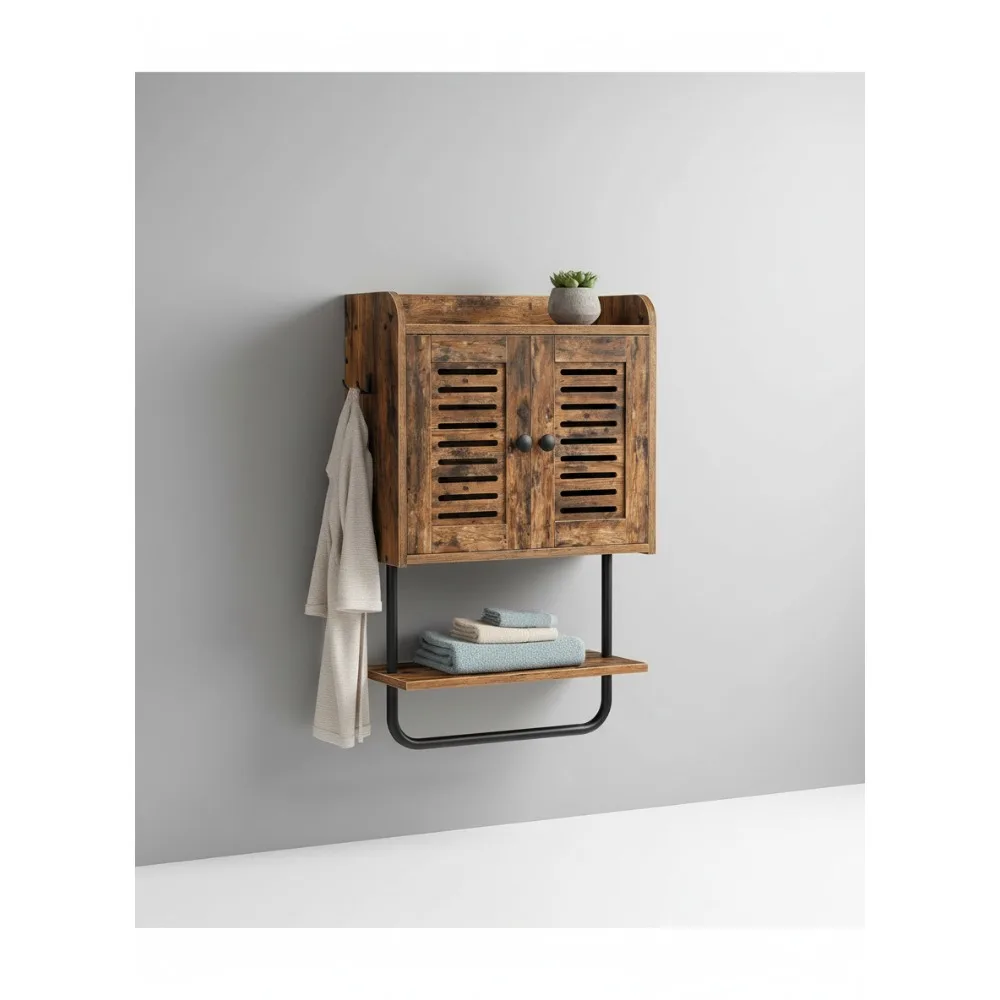 

Rustic Brown Double Door Bathroom Cabinet with Towel Bar, Adjustable Shelf & Hooks - Over Toilet Storage for Bedroom & Kitchen