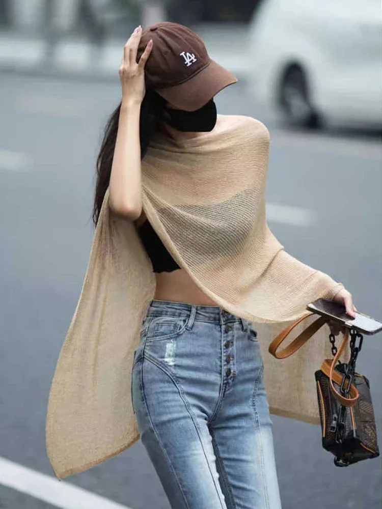 Новинка 2024 года, нерегулярная накидка, шаль, защита от солнца, солнцезащитный крем, одежда с кондиционером, женский свободный тонкий вязаный топ из ледяного шелка