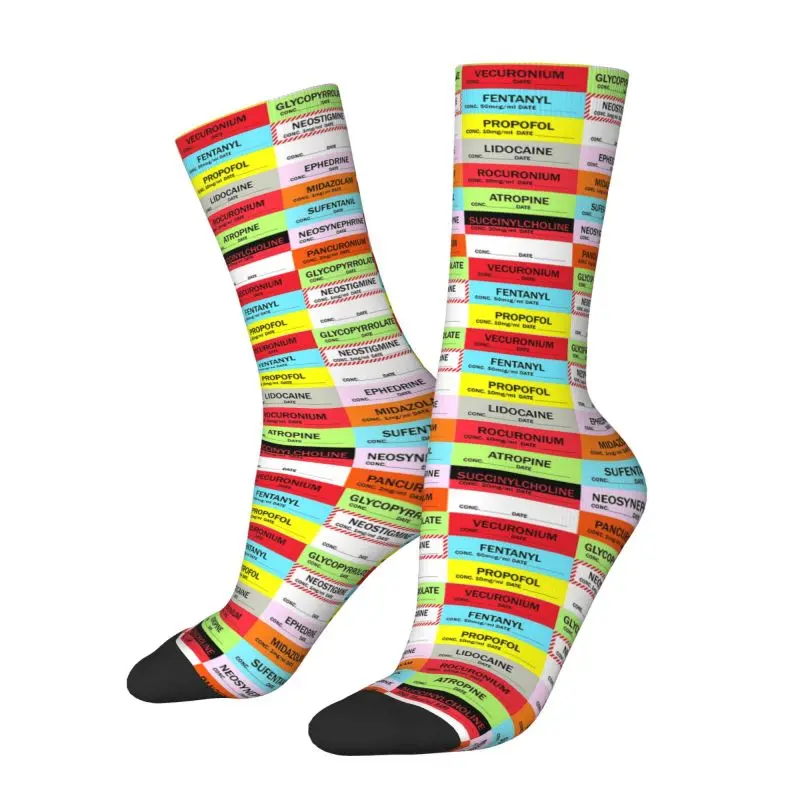 Novelty Mens Medical Nurse Anesthesia Medication Labels Dress Socks Unisex Warm Comfortable 3D Printing Crew Socks