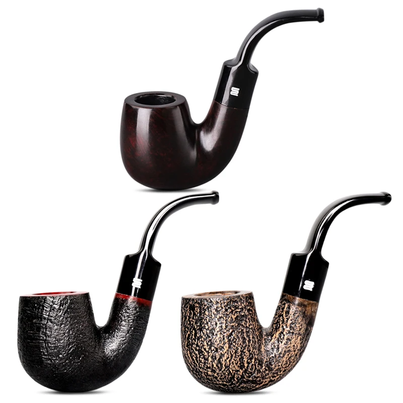 RU-MUXIANG Wood Sandblast Pipe with Bent Stem, Tobacco Pipes, Smoking Accessory, Gift for Men, Free Tools, 9mm Filters