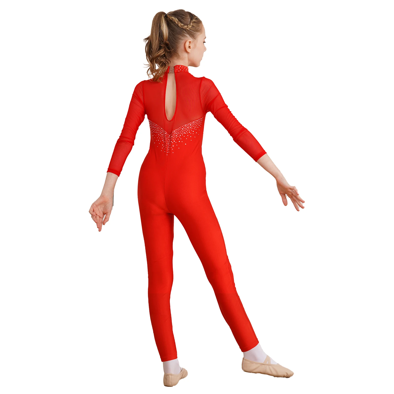 Kids Gymnastics Jumpsuits Teen Girls Rhinestone Ice Skating Bodysuit for Ballroom Long Sleeve Ballet Dance Leotards Unitard