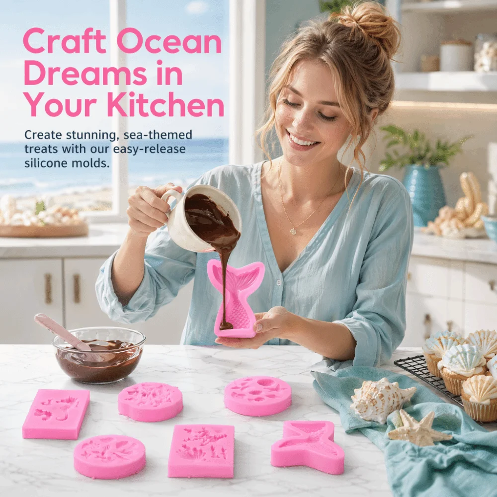 6pcs Silicone Silicone Molds Fishtail Starfish Seashell Marine Shell Shape Shell Shaped Molds Pink Ocean Series
