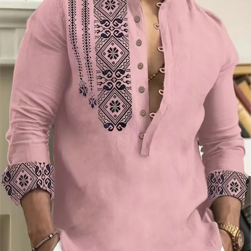 2025 mode Neue 7 Taste männer Langarm Hemd Taste Unten Hemd Lose Henley V-ausschnitt Strand Top Männlich moslim Kleding Heren