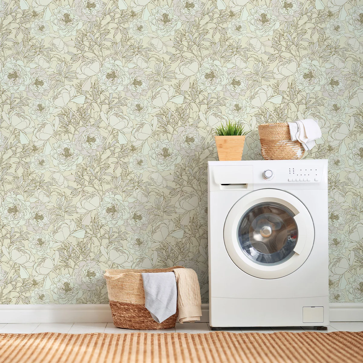 Modern Yellow Line Botanical Pattern Wallpaper Waterproof Peel and Stick Vinyl Film for Living Room Feature Wall