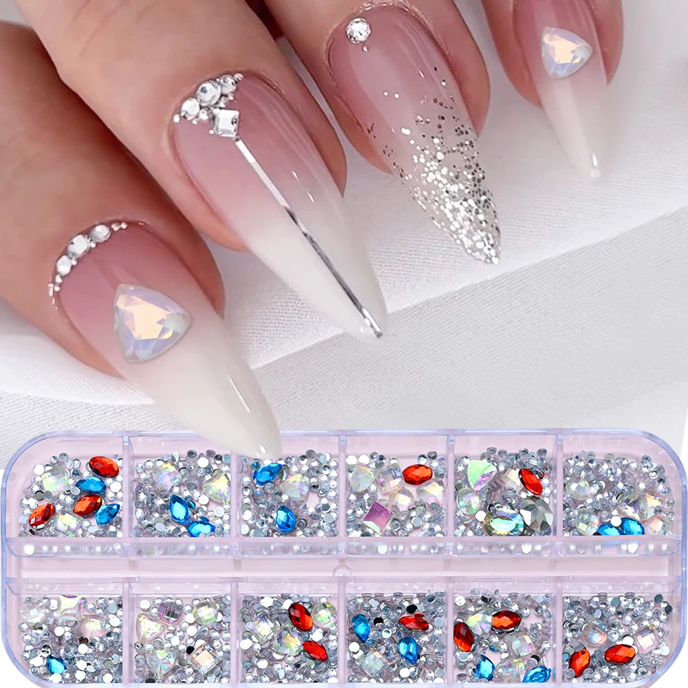 12Grids Pink Crystal Nail Art Rhinestone Mixed Shape AB Flatback 3D Luxury Nail Glitter Charms Gems DIY Nail Art Decorat Diamond