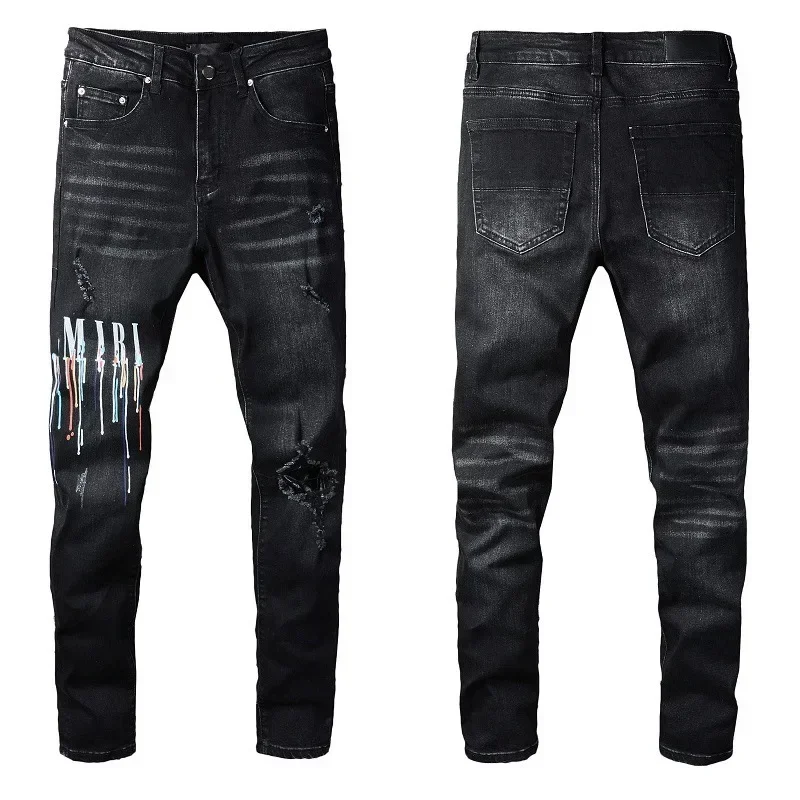 New Original American Style 2025 Fashion Street Spray Paint Color Letter Denim Cotton Casual Pants Black Skinny Y2K Jeans Youth