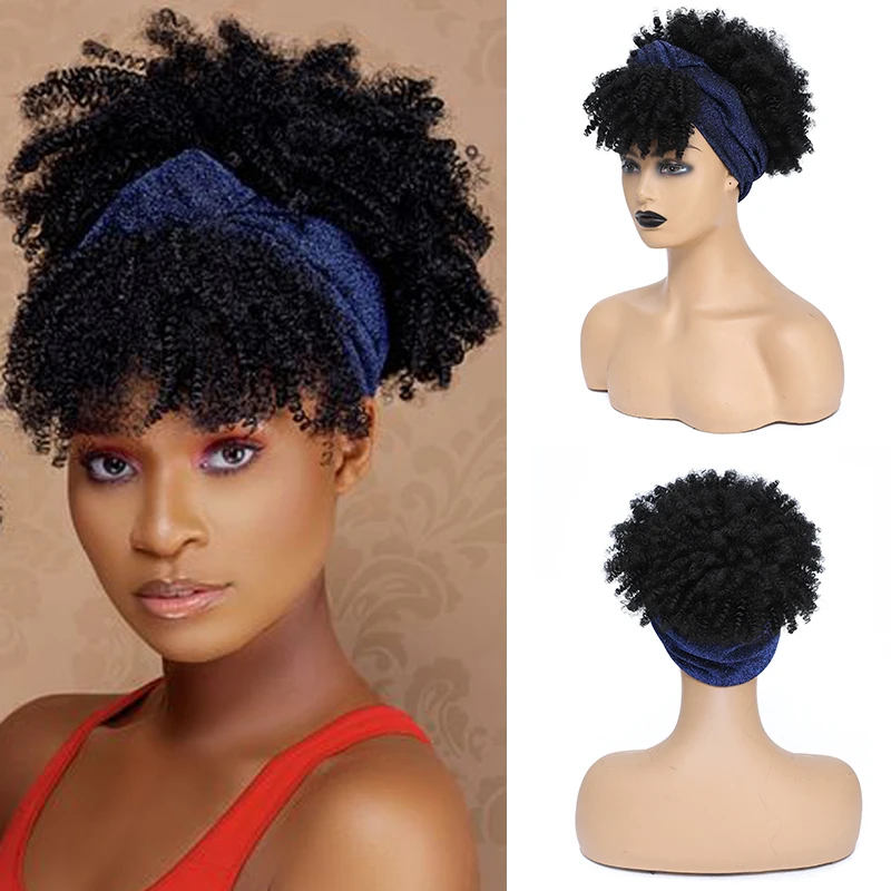 Short Kinky Curly Headband Wig Black Afro Curly Head Band Wigs for Women Cospaly Synthetic Fluffy Curly Scarf Wig Heat Resistant