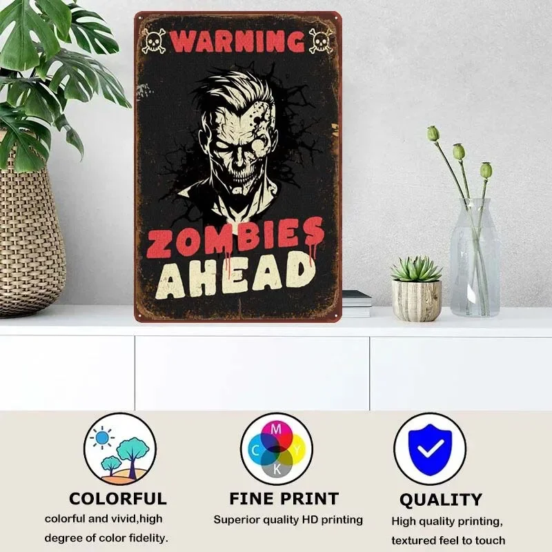 Warning Zombies Ahead Gamer Room Decoration Vintage Tin Plates Metal Poster Retro Funny Metal Signs for Wall Art Decoration Home