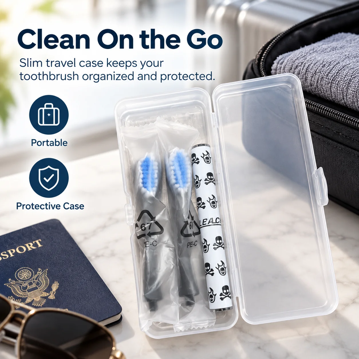 Travel Toothbrush Set with Case, 1 Handle & 2 Replaceable Brush Heads, Compact Portable Toothbrush Kit for Adults, Business Trips, Dorms & Daily Use