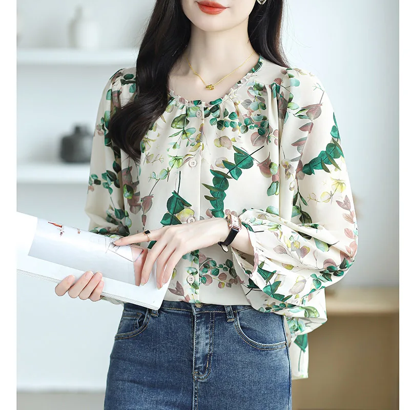 Women\'s Clothing Chic Print O-neck Long Sleeve Shirt Autumn Casual Loose All-match Chiffon Blouses Office Lady Elegant Sweet Top