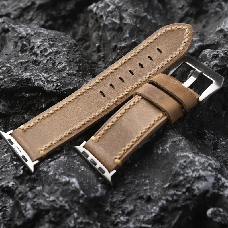 Handmade Custom For Apple Applewatch Ultra Watch Strap 49MM 45MM Vintage Brushed Leather Men\'s Bracelet