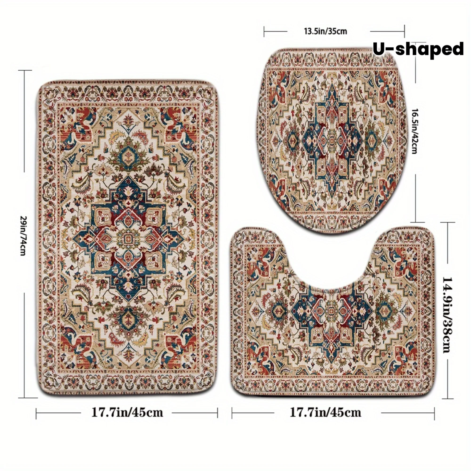 

3 Piece Vintage Persian Bath Mat Set Non Slip Boho Rug Soft Shower Carpet Toilet Mats Home Decor