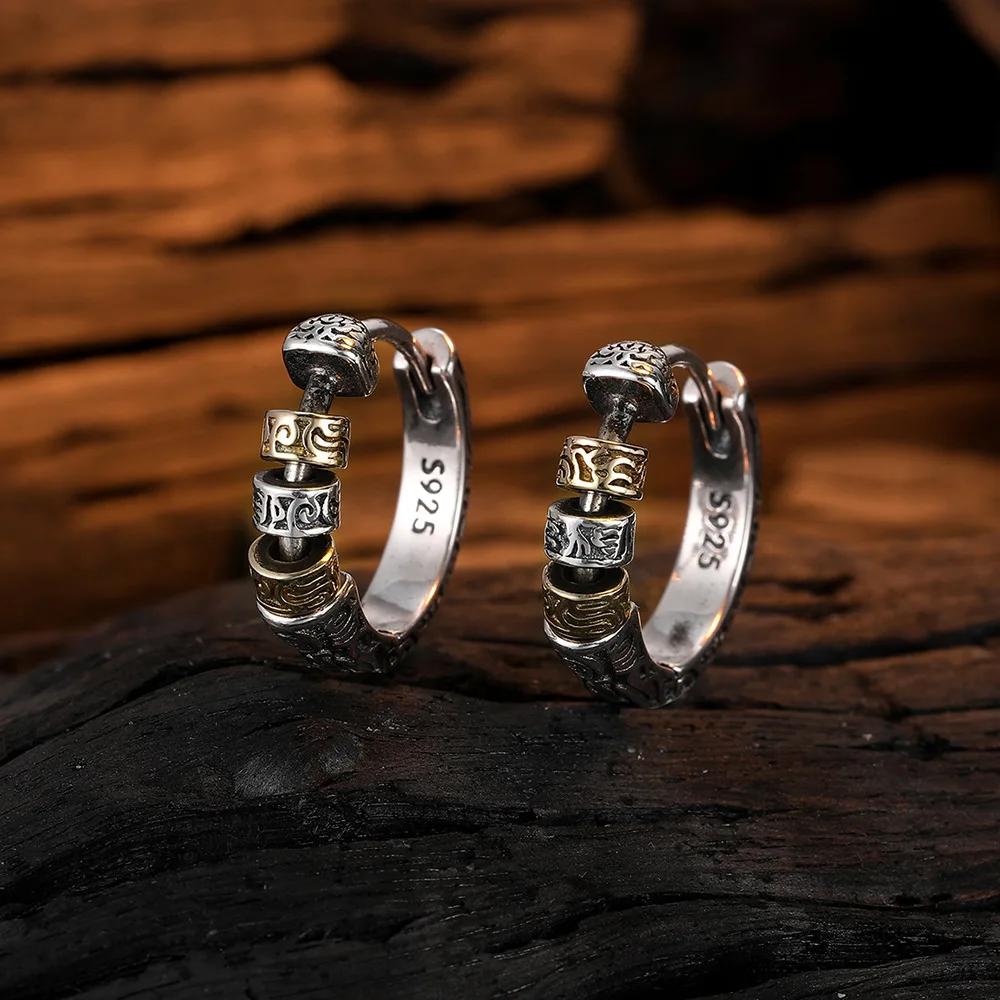 ANENJERY Thai Silver Splicing Color Hoop Earrings for Women Buckle Niche Design Cool Earrings Jewelry