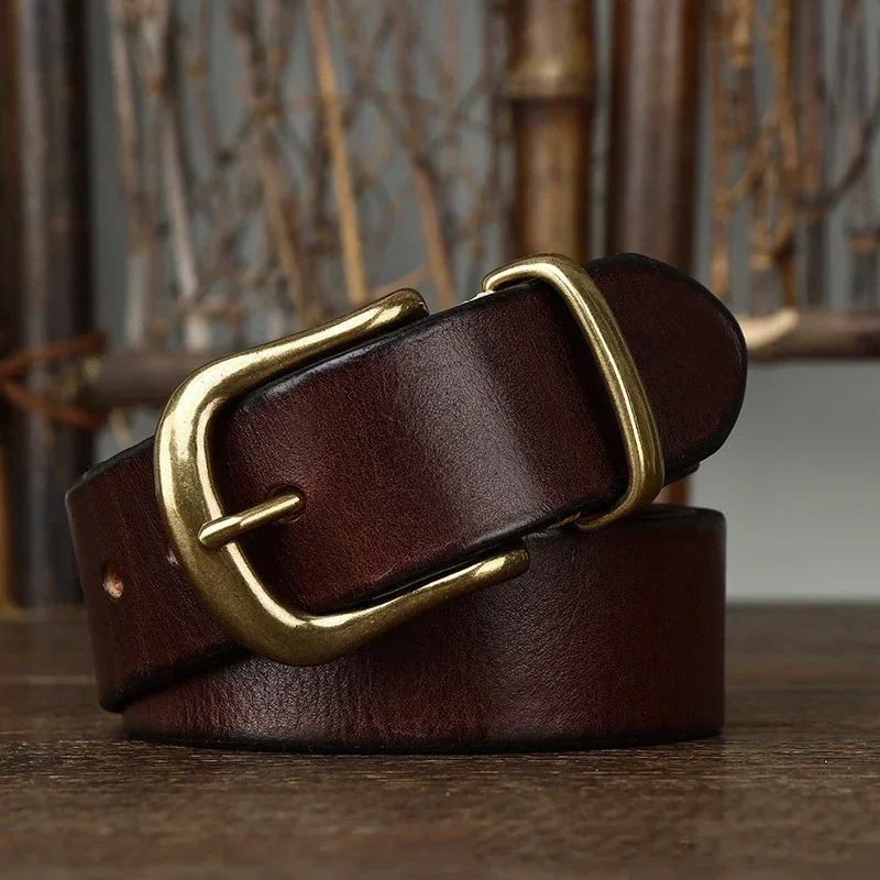 

3.8CM Pure Cowhide Genuine Leather for Men High Quality Jeans Brass Buckle Belts Cowboy Waistband Male Fashion Designer Luxury