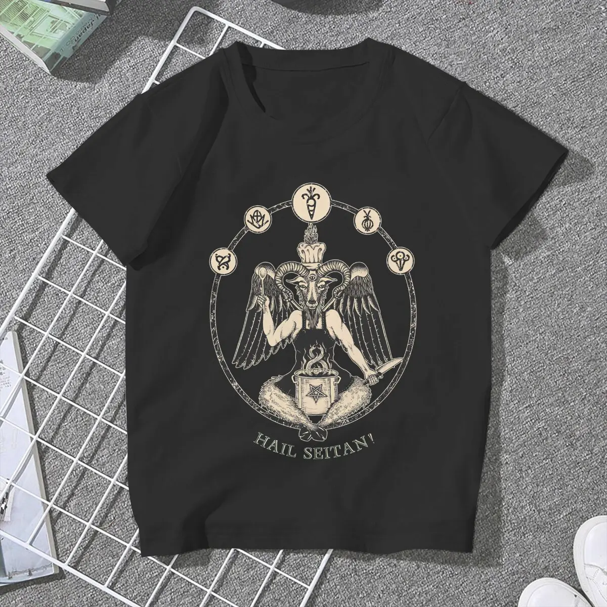 Vegan Chef Baphomet Hail Seitan Women Tshirts Satanic Baphomet Goat Aesthetic Vintage Female Clothing Loose Graphic Short Sleeve