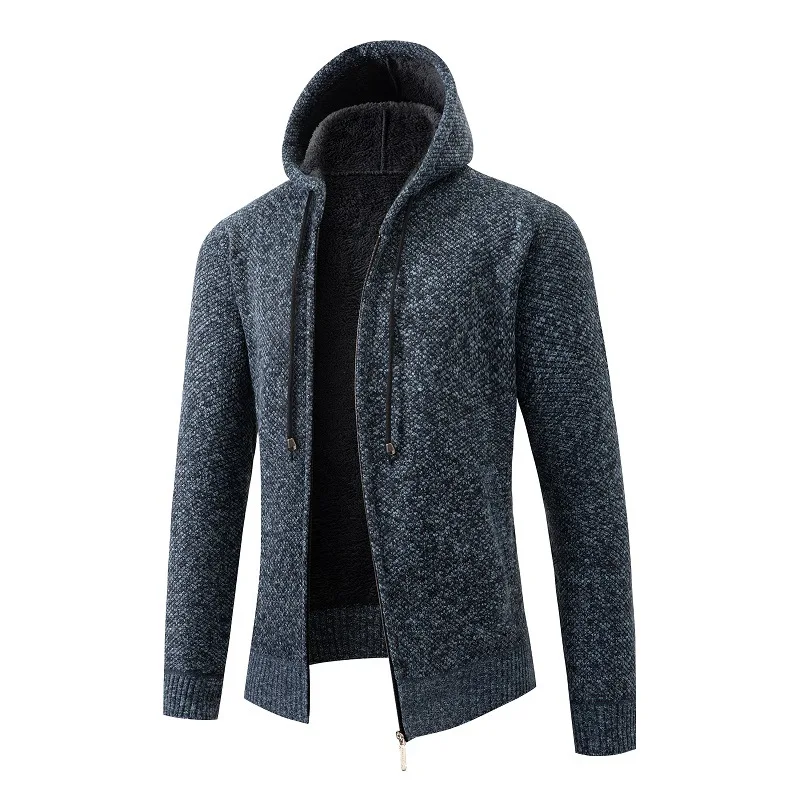 2024 Winter Men\'s Hooded Coat Simple Long Sleeved Sweater Plush Casual Coat Hooded Zippered Cardigan