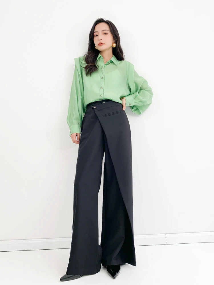 

Женские брюки Aksaya с высокой талией и широкими штанинами, модные черные, асимметричного дизайна, длинные, для осени, для повседневной носки, из смесового полиэстера