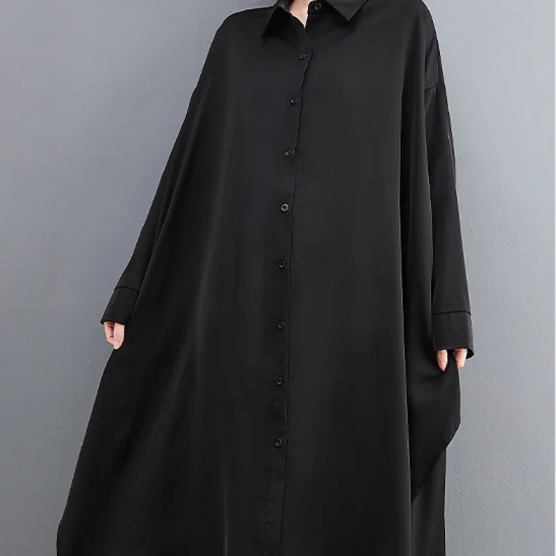 #4099 Black Long Dress Women Polo Neck Casual Shirt Dresses Long Sleeved Loose Asymmetrical Chiffon Dress Split Korean Style