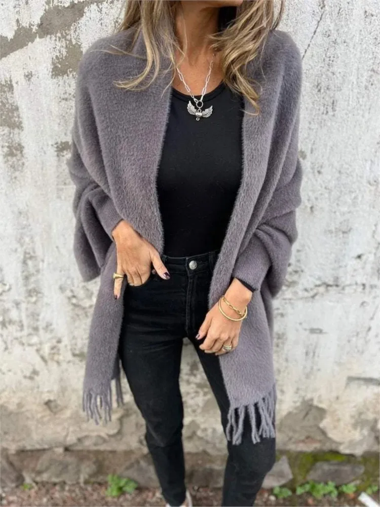 

Fashion Solid Knitted Shawl For Women Casual Loose Long Sleeve Tassel Cardigan Coat Female Winter Elegant Office Lady Work Coat
