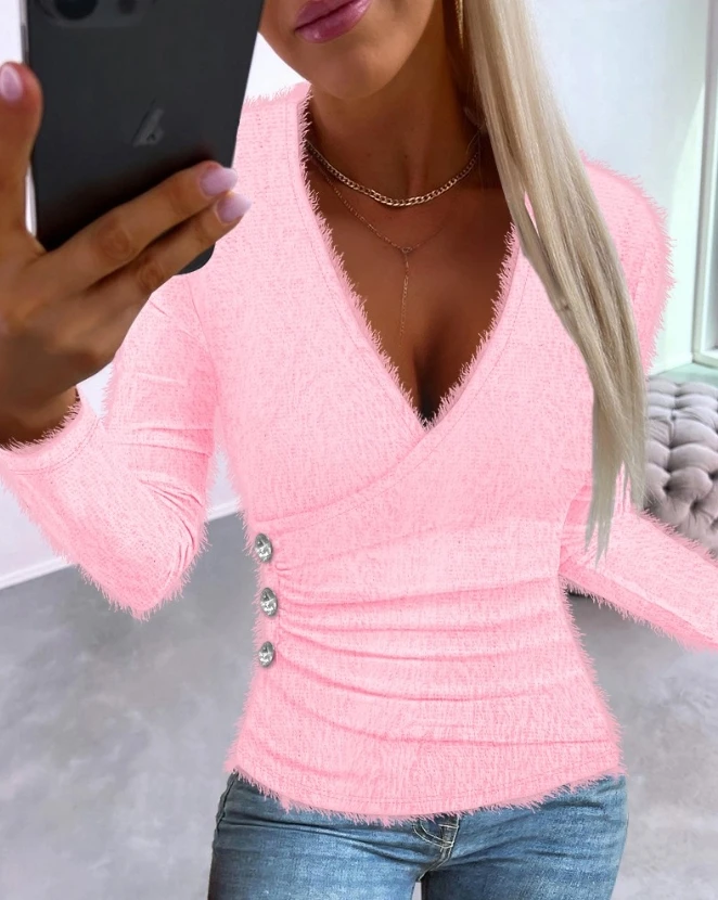 Single Color Pleated Ribbed Long Sleeved Fuzzy Top V-Neck Knitted Pullover, The Latest Fashion Hot Selling Women's Clothing