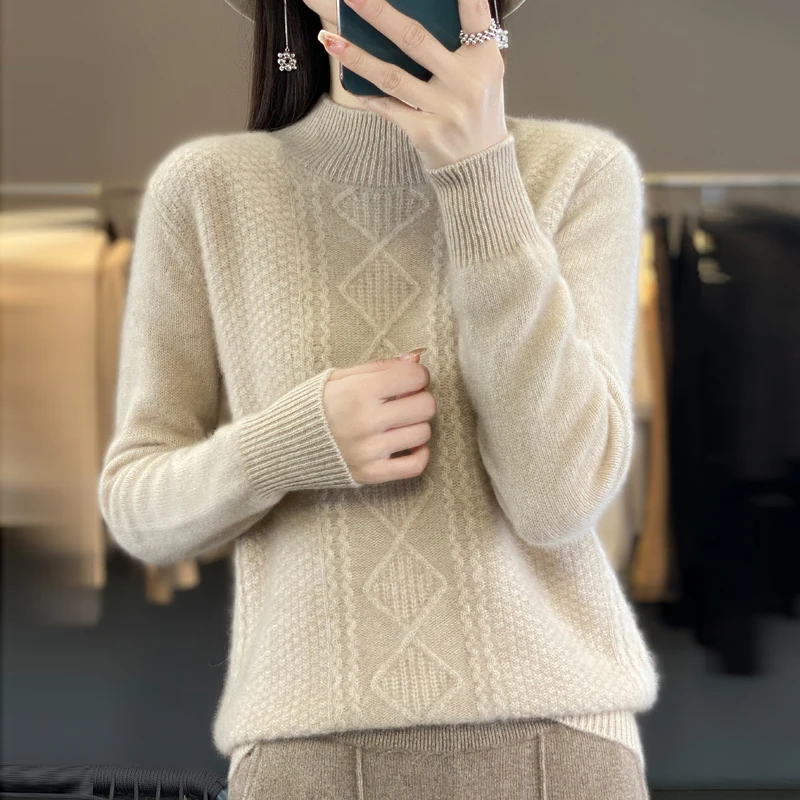 

2024 Autumn/Winter New Women's Pure Wool Half High Neck Thick Twisted Flower Leisure Versatile Woolen Sweater