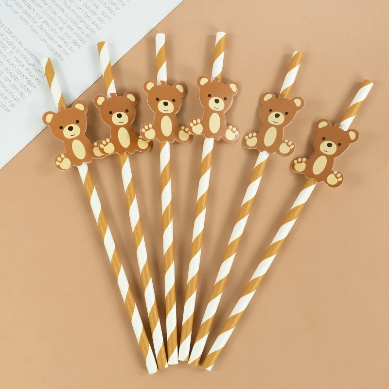 20Pcs Teddy Bear Paper Straws Cute Brown Pink Bear Disposable Drinking Straw Kids Birthday Baby Shower Party Decoration Supplies