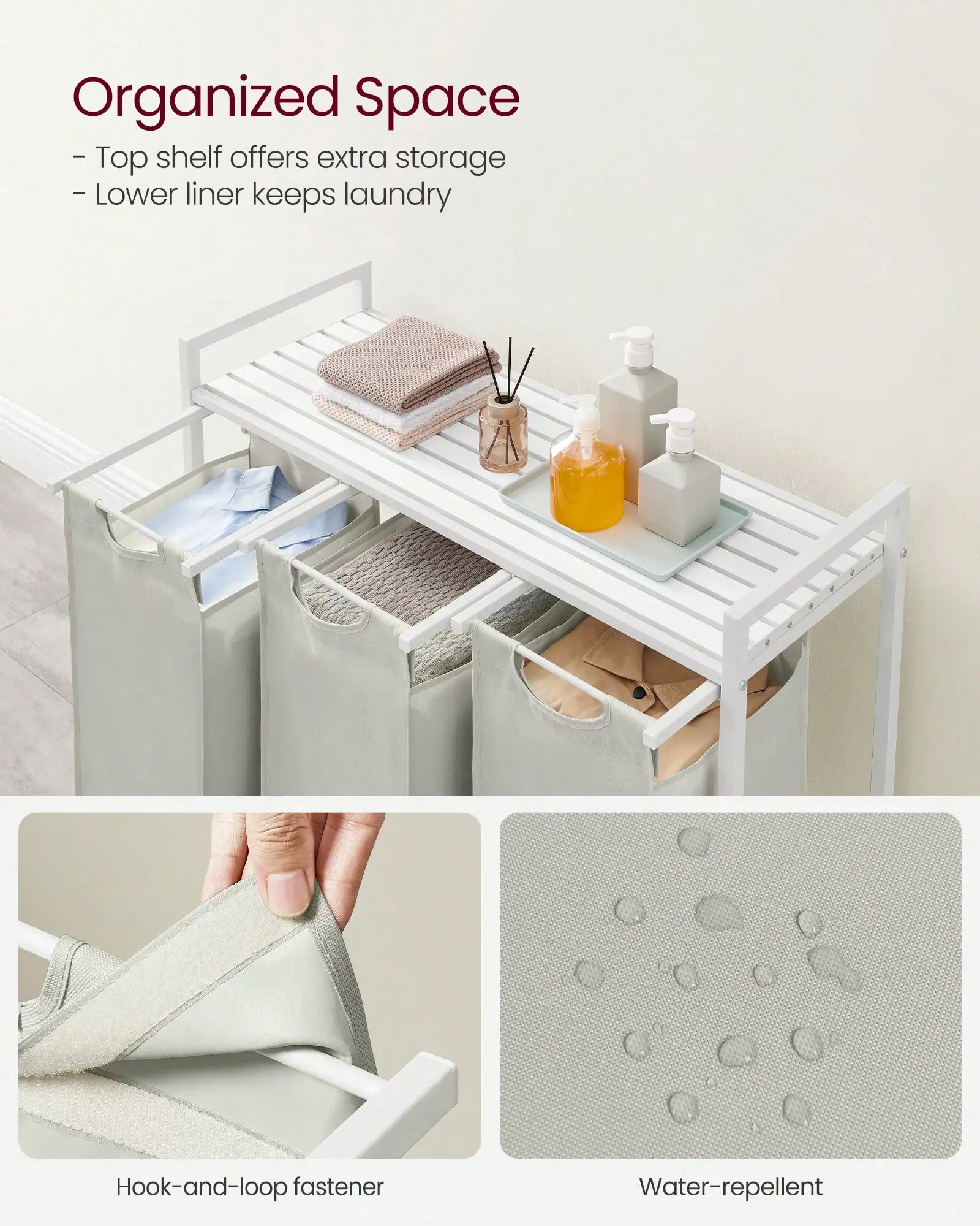 

Laundry Hamper, Laundry Basket, Laundry Sorter With 3 Pull-Out And Removable Bags, Shelf, Metal Frame, 3 X 10.6 Gallons (40 L), 36.4 X 13 X 28.4 Inches