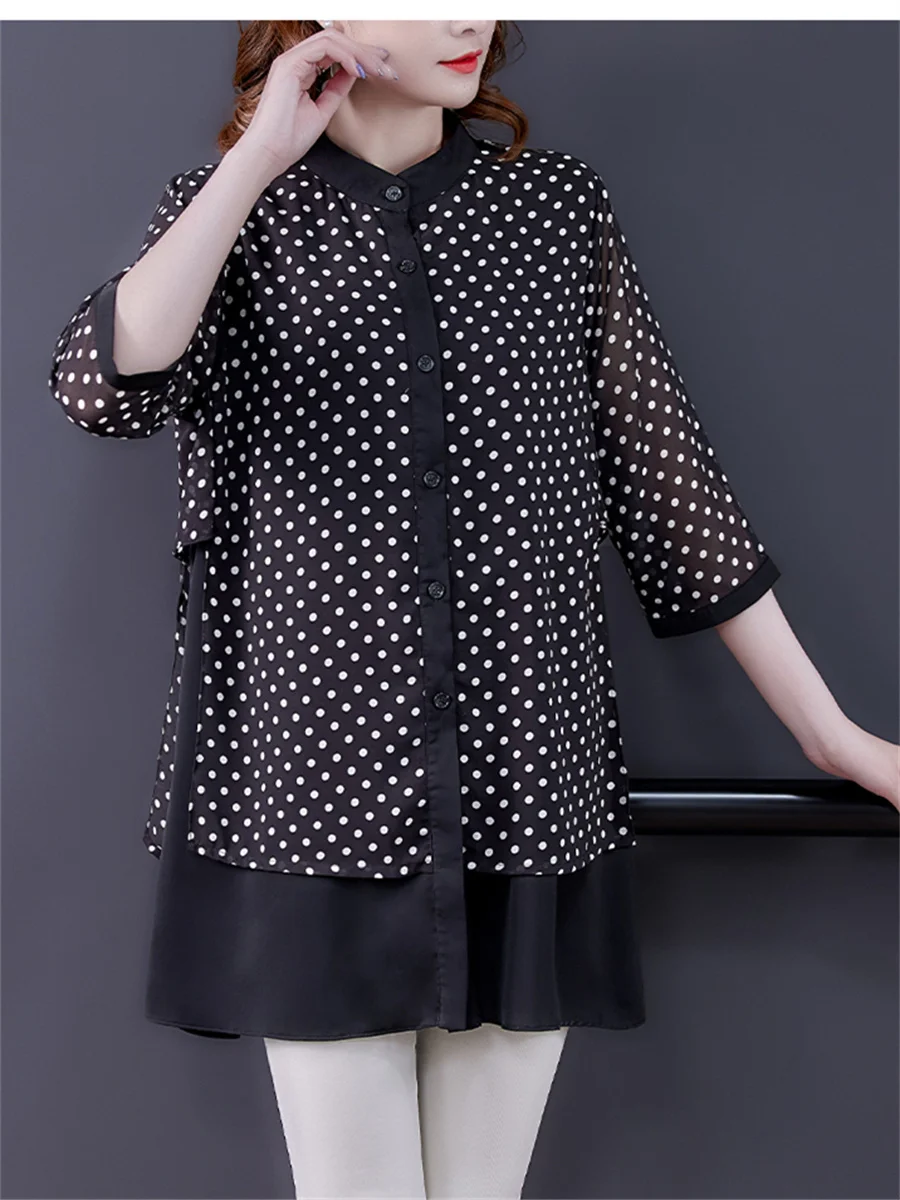 4XL Loos Women Spring Summer Blouses Shirts Lady Fashion Casual Half Sleeve O-Neck Collar Polka Dots Print Blusas Tops CT0420