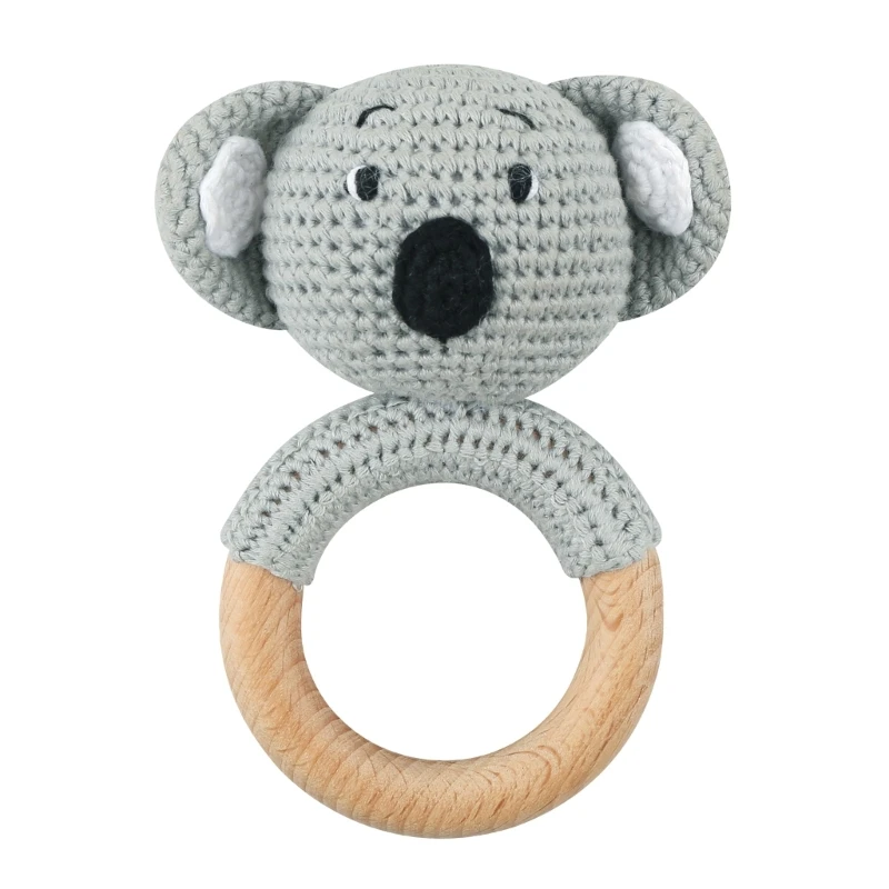 아기 숲 친구를위한 크로 셰 뜨개질 Teether 장난감 딸랑이 수제 Amigurumi 크로 셰 뜨개질 토끼 팬더-천연 나무- 젖니가 남 D5QA