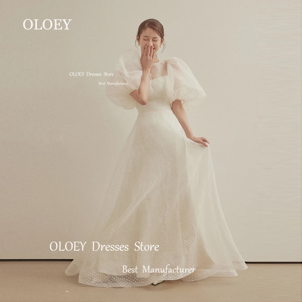 OLOEY Simple Ivory Dots Tulle Wedding Dress Korea Photoshoot Puff Sleeves Bridal Gowns O Neck Corset Floor Length Custom Made