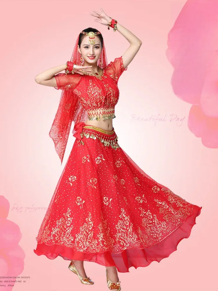 스팽글 시폰 퍼프 슬리브 크롭 탑과 하이 웨이스트 스커트 세트 – 우아한 클래식 댄스 공연 의상