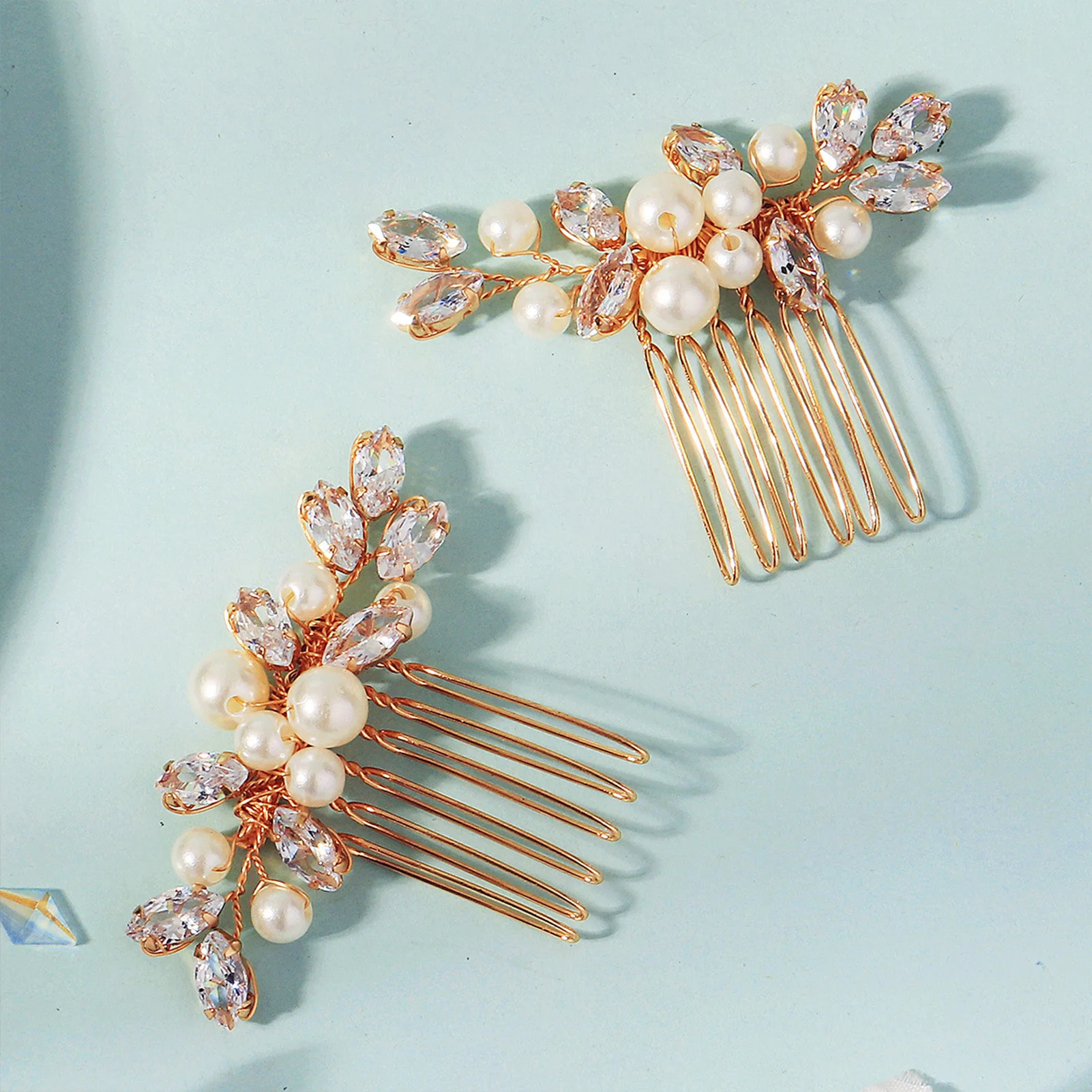 

2pcs Pearl Zircon Hair Comb Rhinestonw Golden Hairpin Bridal Wedding Hair Accessories Exquisite Engagement Prom Tiaras Headdress