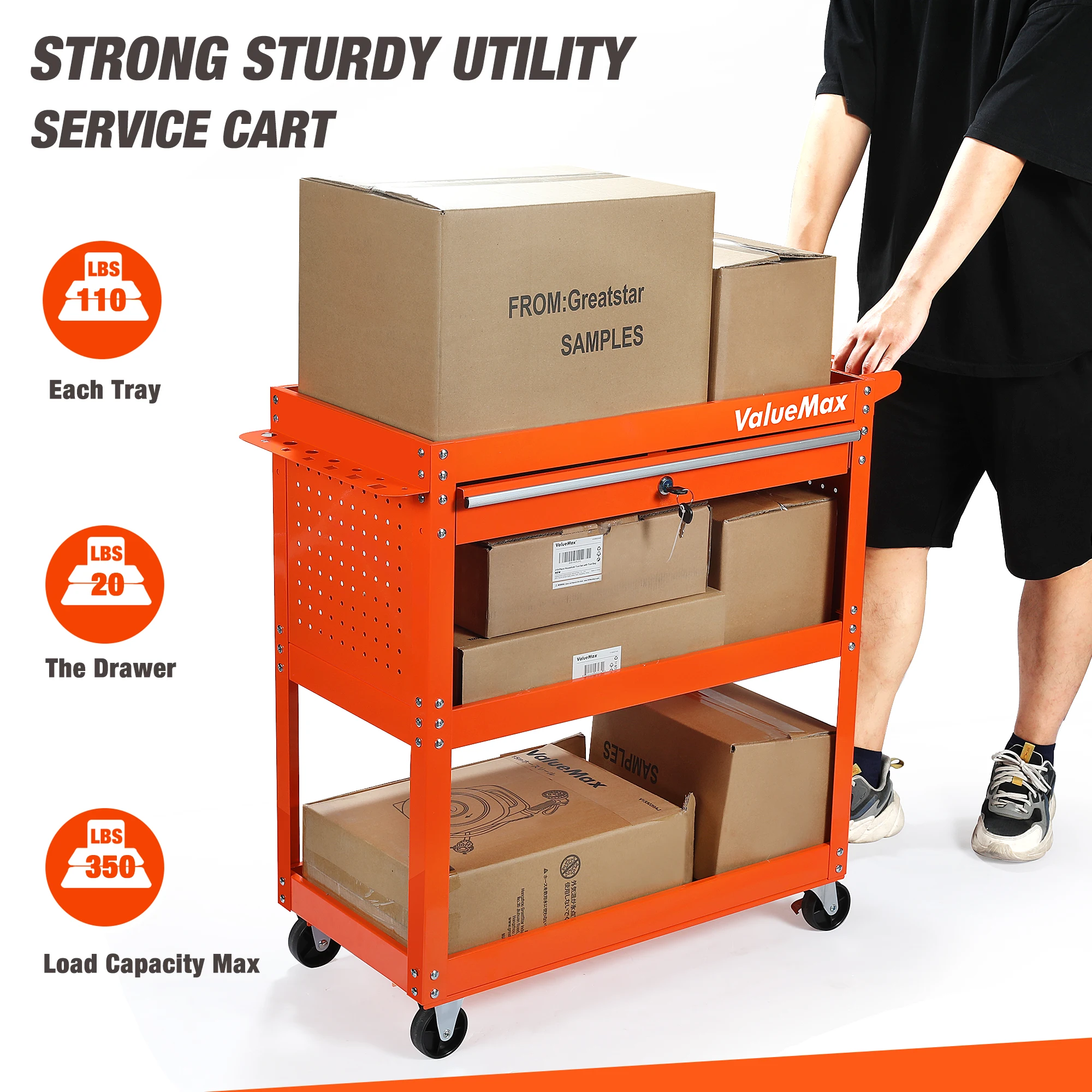 ValueMax 3 Tier 350 LBS Rolling Tool Cart on Wheels, Heavy Duty Utility Tool with Drawer, Screwdriver Rack, Pegboard, Orange Ser