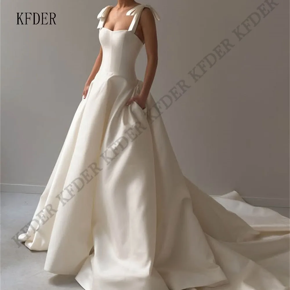 Luxurious Wide Straps Satin A Line Wedding Dress Sleeveless Long Tail Bride Dresses Floor Length Bride Wedding Gowns Customized