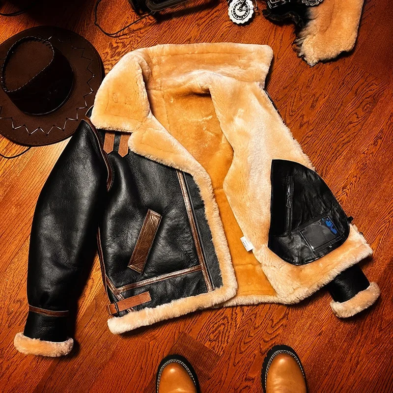 2024 New Winter Man B3 Original Fur Integrated Flight Suit Men\'s Lamb Leather Motorcycle Short Jacket Fur Coats Thick Clothing