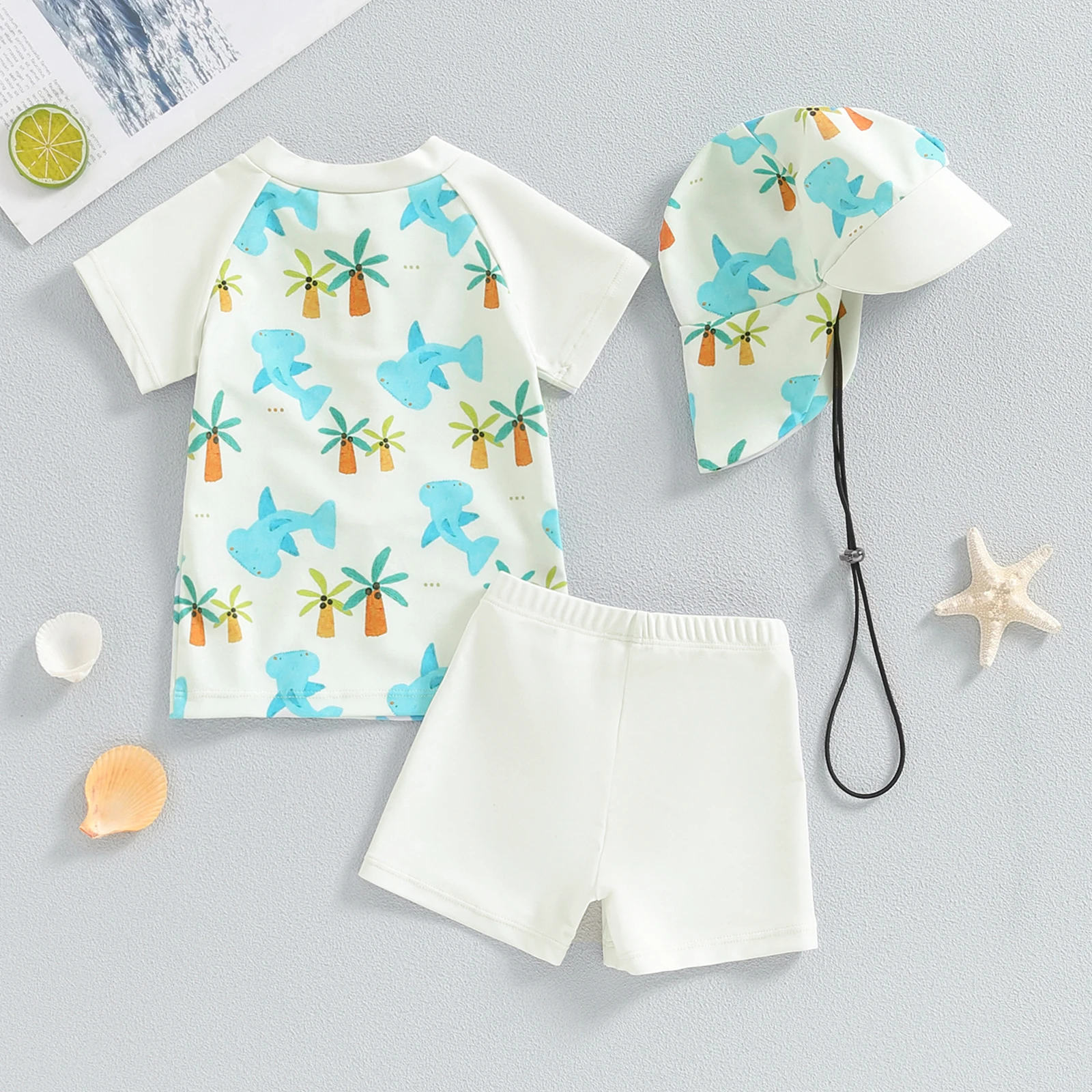 Baby Boys Swimsuit Set Summer Shark Print Zipper Short Sleeve Rash Guard and Swim Trunks and Hat Swimwear Beachwear