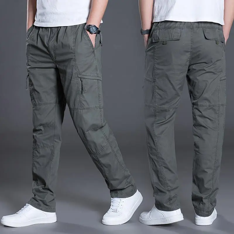 Mens Casual Cargo Cotton Pants Men Pocket Loose Straight Pants Elastic Work Trousers Brand Fit Joggers Male Super Large Size 6XL