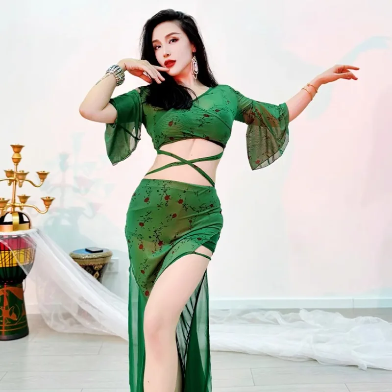 customized belly dance costumes practice outfit retro little rose insert fish tail skirt new set mesh trumpet sleeves top+skirt