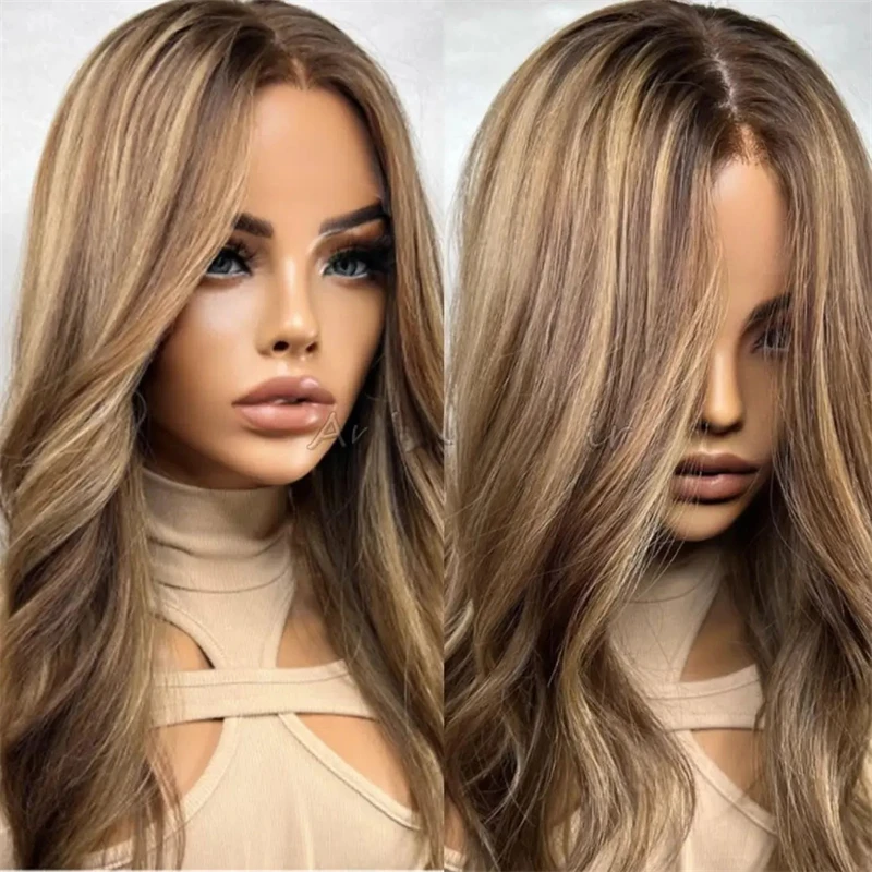 

Long Brown Mixed Blonde Wavy Wig 13x4 Lace Natural Hairline Middle Part Curly Heat-Resistant Synthetic Fiber for Women Party