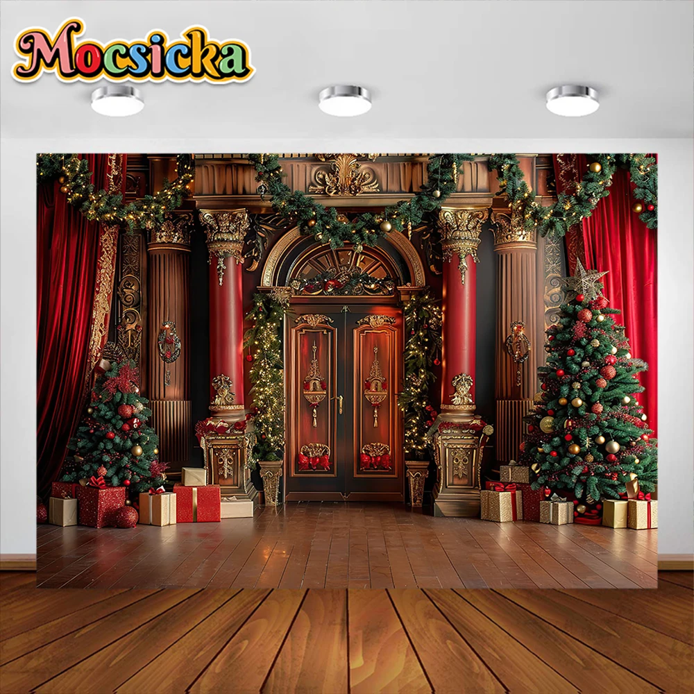 Winter Christmas Photography Background XMAS Tree Red Wooden Door Party Decoration Supplies Adult Family Portrait Backdrops