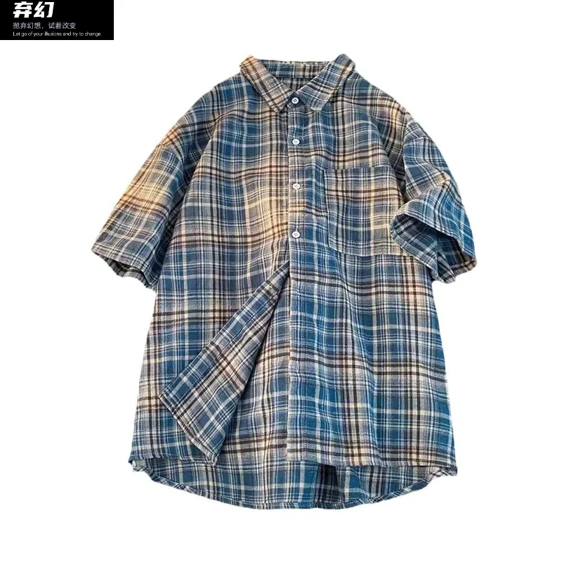 Camisa xadrez de manga curta masculina, jaqueta de alto nível, retrô, verão, novo, 2024.7.6