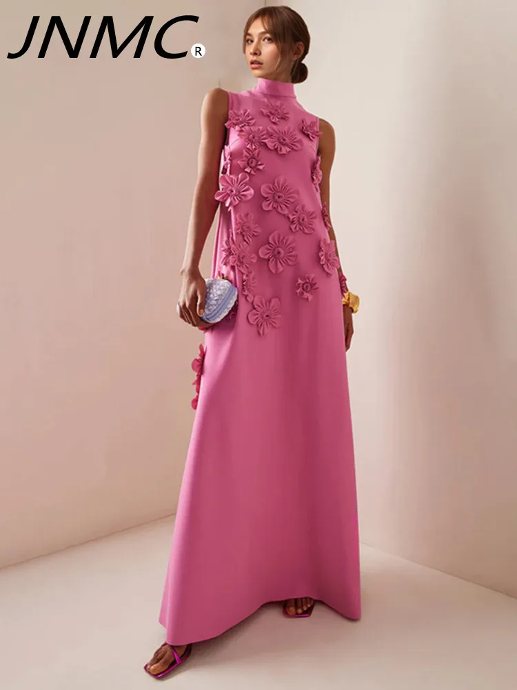 

JNMC 2024 Women's New Three-dimensional Flower Collage Design Long Dress Elegant Standing Collar Sleeveless Solid Color Dress