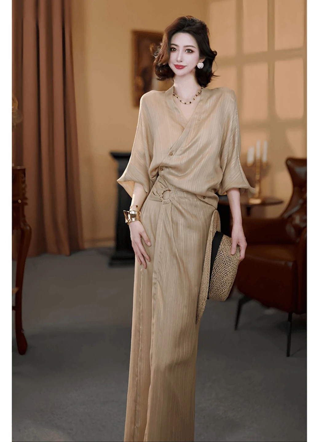 Elegant Ladylike Two-Piece Set Women's Unique Beautiful Caramel Shirt Half-Skirt Unique Style Spring Autumn Fashionable Women...