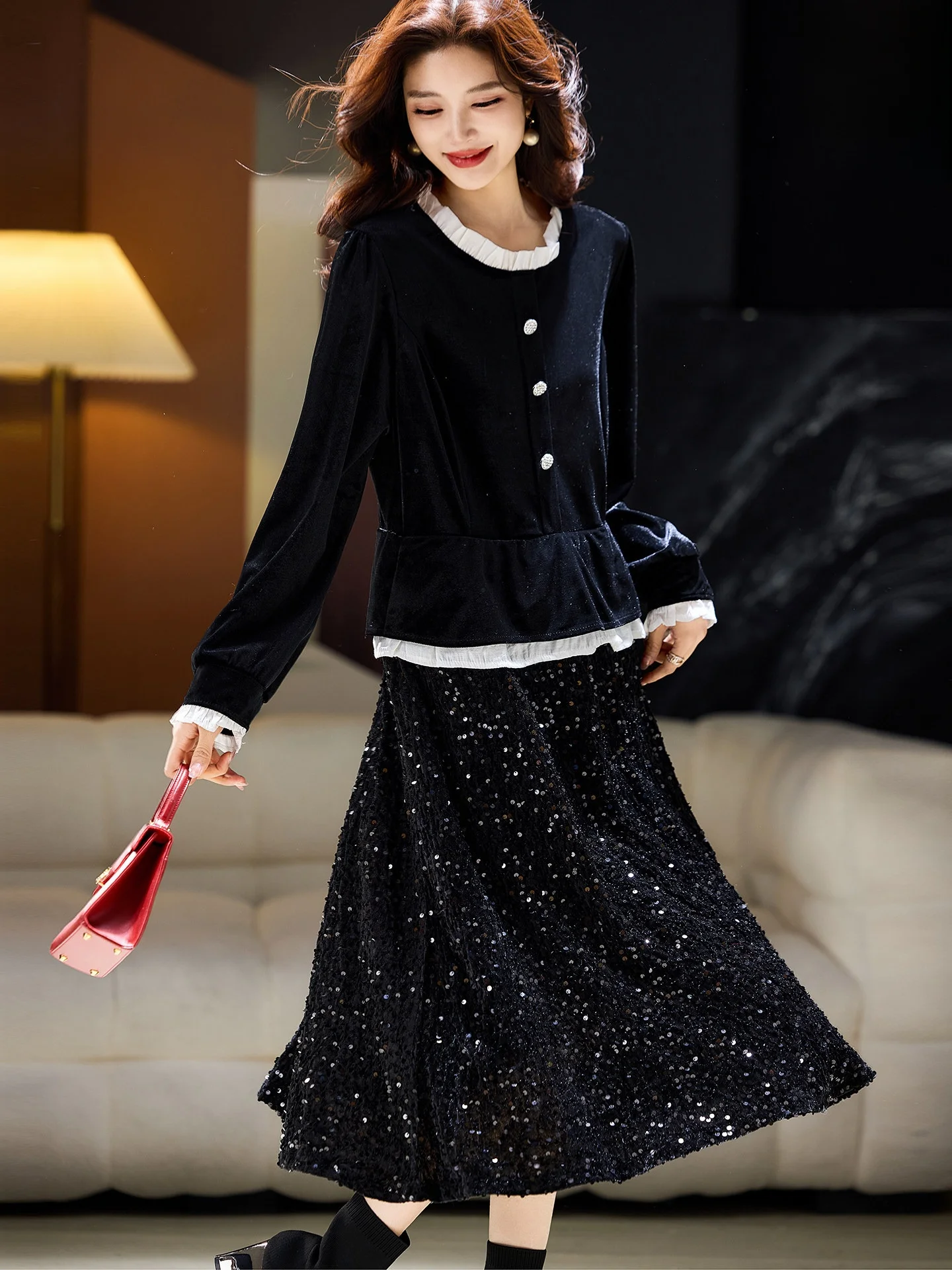 

uMu Beaded Fake Two-Piece Dr Women's Winter A-Line Skirt Street Sle round Ne Long Sve Polyester Fiber Dr