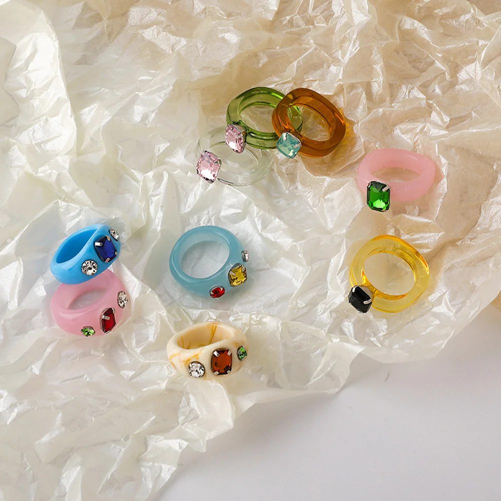 

9Pcs Fashionable Acrylic Ring Set Creative Gemstone Decor Rings for Daily Dress Party Use Finger Ring Acrylic Craft Jewelry