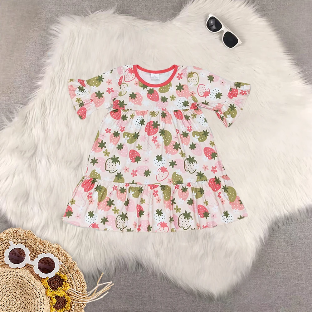 

8.20 Летнее платье для маленьких девочек, платья длиной до колена с короткими рукавами и клубничными рюшами для маленьких девочек