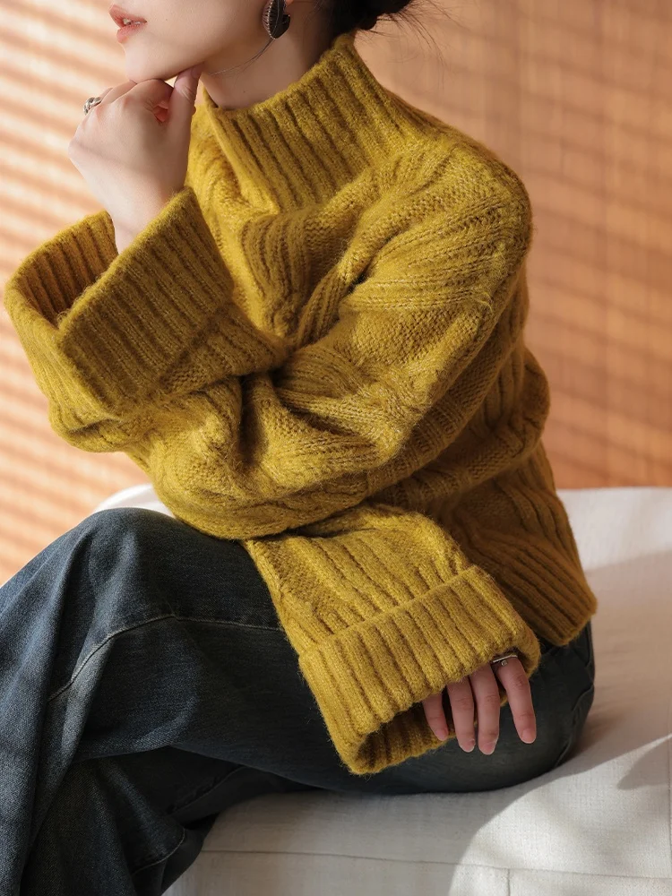 

JWUNIQUE Women's Knitted High Collar Loose Sweater Yellow Twist Winter Fashionable Top Comfortable Bubble Sleeve Regular Fit