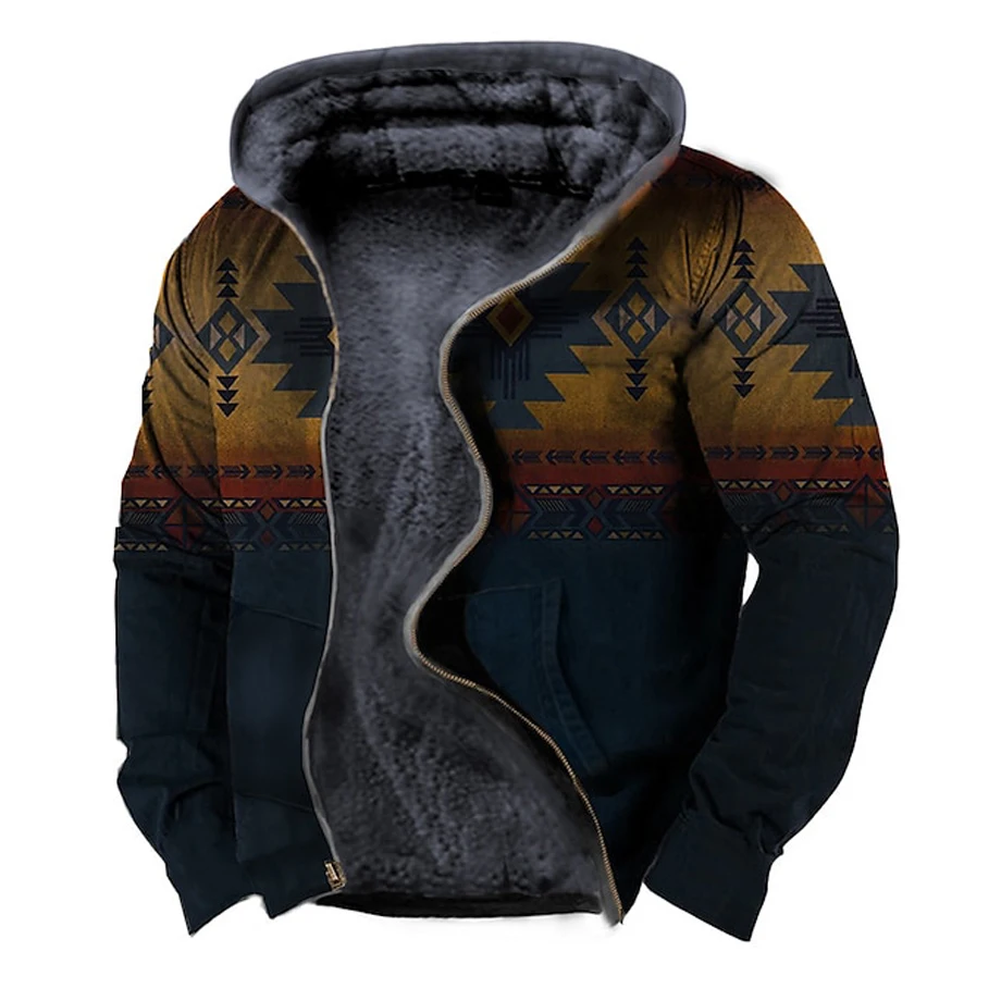 

Autumn Winter Men Zip Up Hoodies Long Sleeve Fleece Hood Jackets Traditional Tribal Graphics Casual Outerwear Sweatshirts